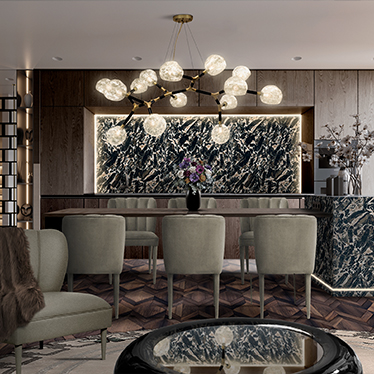 DALYAN DINING CHAIR, DALYAN ARMCHAIR, SHINTO ROUND CENTER TABLE, HORUS IRREGULAR BIG SUSPENSION LIGHT, SYRAD WALL LIGHT